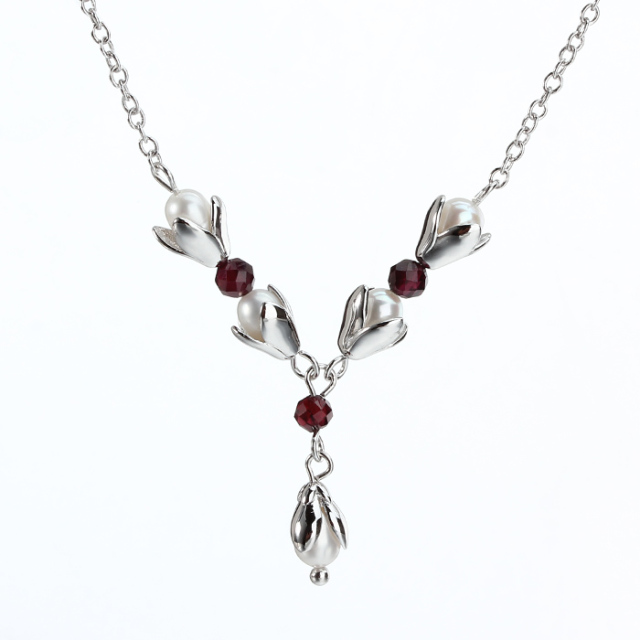 925 Sterling Silver Fresh Water Pearl And Gemstone Necklace