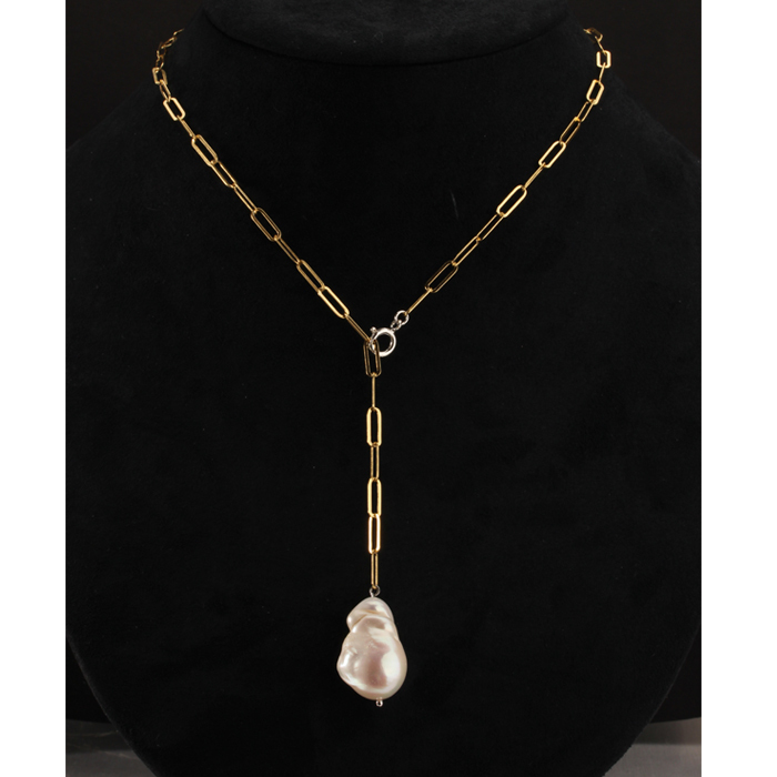 925 Sterling Silver Long Link Chain Baroque Pearl Necklace