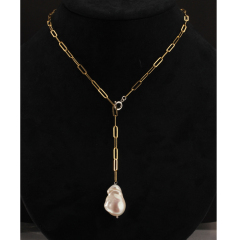 925 Sterling Silver Long Link Chain Baroque Pearl Necklace