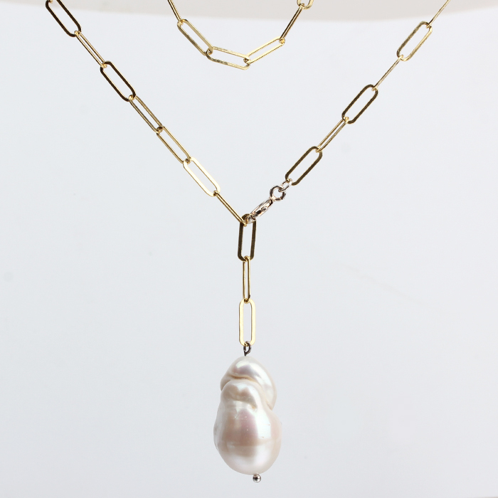 925 Sterling Silver Long Link Chain Baroque Pearl Necklace
