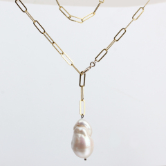 925 Sterling Silver Long Link Chain Baroque Pearl Necklace