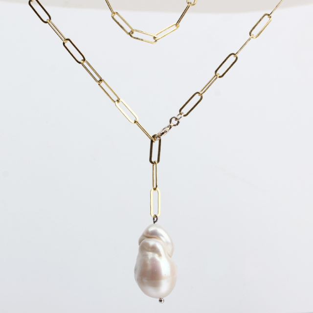 925 Sterling Silver Long Link Chain Baroque Pearl Necklace