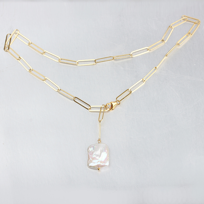 925 Sterling Silver Long Link Chain Baroque Pearl Hot Necklace