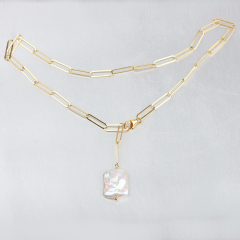 925 Sterling Silver Long Link Chain Baroque Pearl Hot Necklace