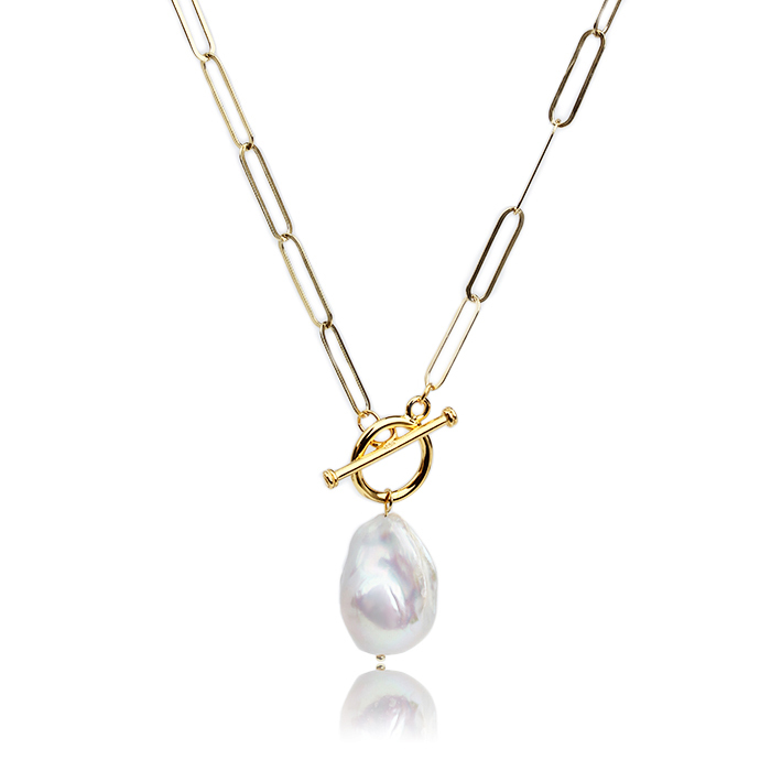 925 Sterling Silver Freshwater Baroque Pearl Long Link Necklace