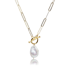 925 Sterling Silver Freshwater Baroque Pearl Long Link Necklace
