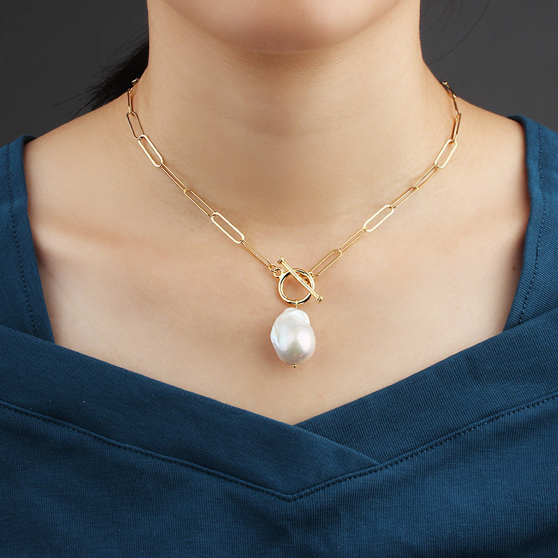 925 Sterling Silver Freshwater Baroque Pearl Long Link Necklace