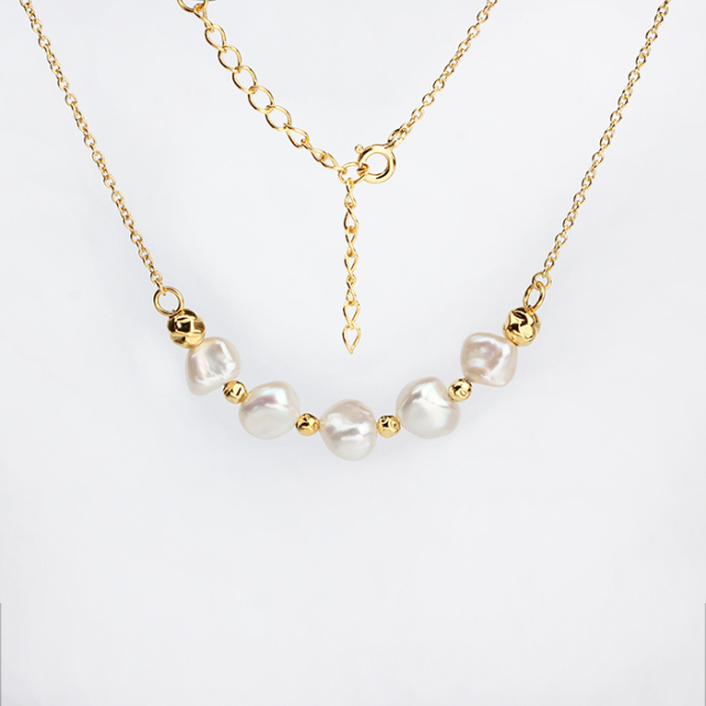 925 Sterling Silver Baroque Pearl And Diamond Cut Bead Women Necklace