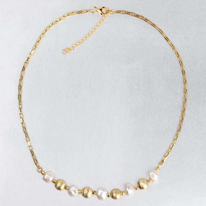 925 Sterling Silver Baroque Pearl And Brushed Bead Women Necklace