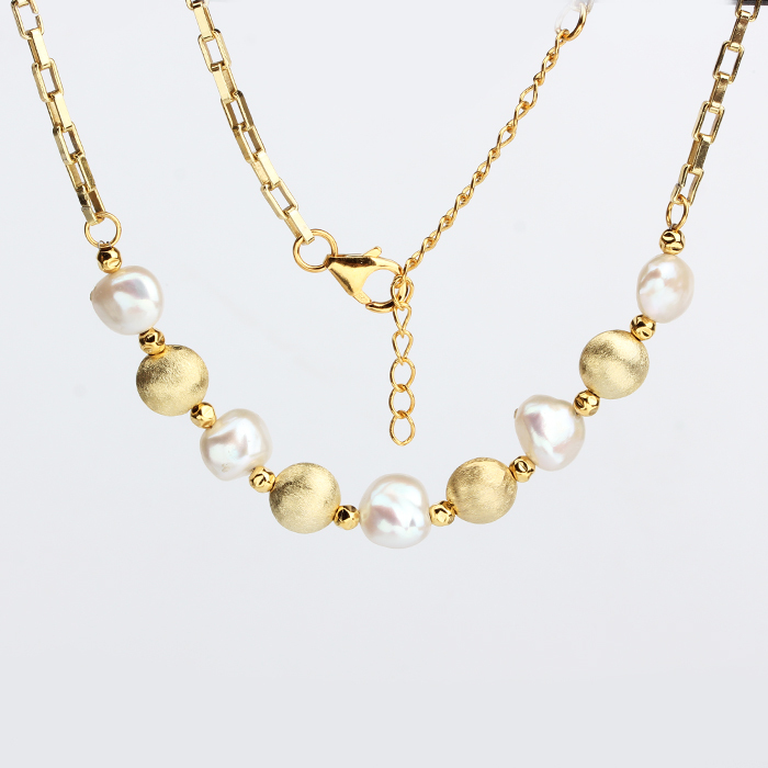 925 Sterling Silver Baroque Pearl And Brushed Bead Women Necklace