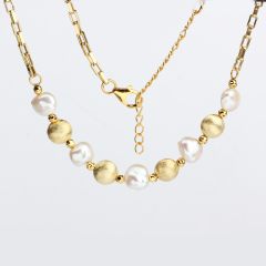 925 Sterling Silver Baroque Pearl And Brushed Bead Women Necklace