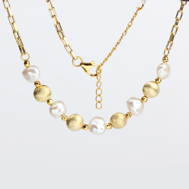 925 Sterling Silver Baroque Pearl And Brushed Bead Women Necklace