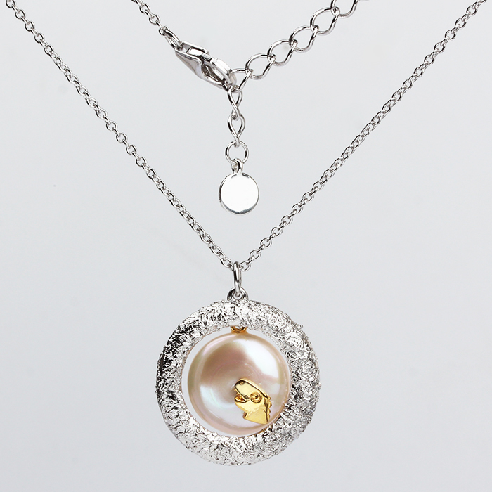 925 Sterling Silver Flat Pearl Hammer Ring Chain Necklace