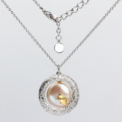 925 Sterling Silver Flat Pearl Hammer Ring Chain Necklace