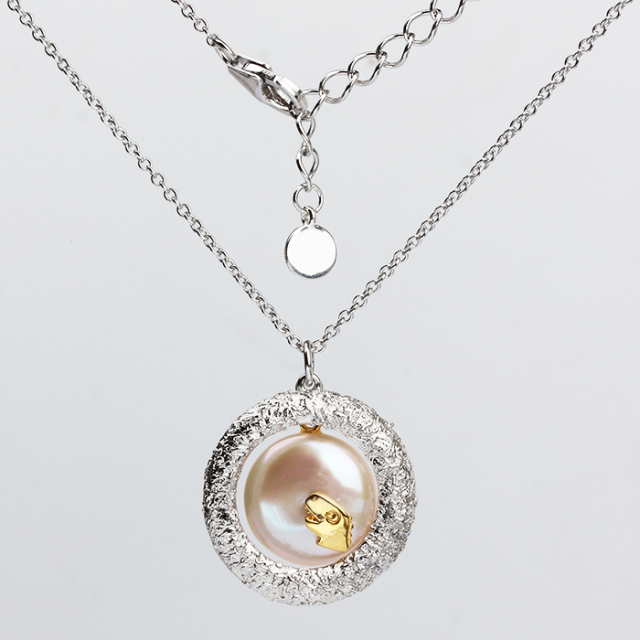 925 Sterling Silver Flat Pearl Hammer Ring Chain Necklace