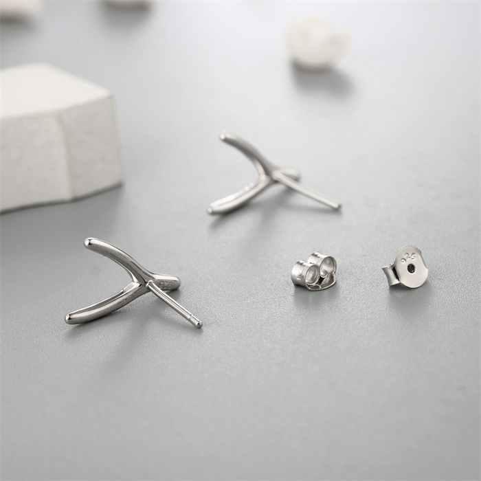 925 Sterling Silver Brushed Y Fork Stud Earrings