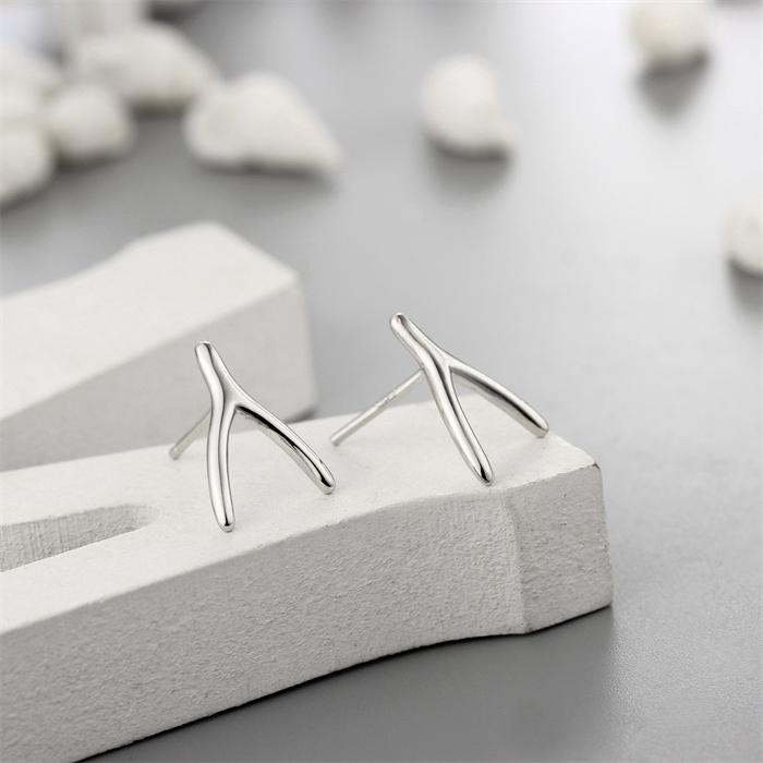 925 Sterling Silver Brushed Y Fork Stud Earrings
