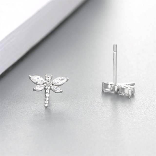 925 Sterling Silver Cubic Zirconia Dragonfly Stud Earrings