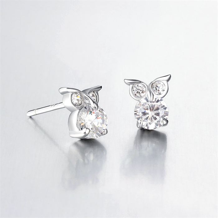 925 Sterling Silver CZ Owl Stud Earrings