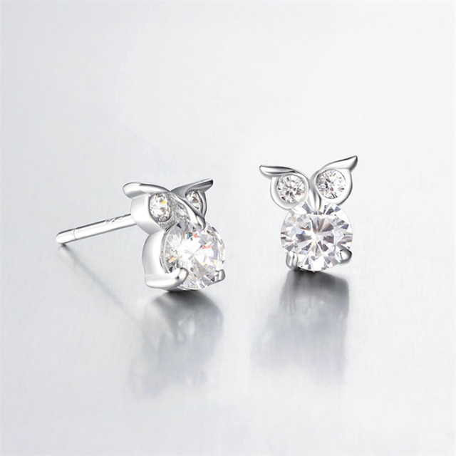 925 Sterling Silver CZ Owl Stud Earrings
