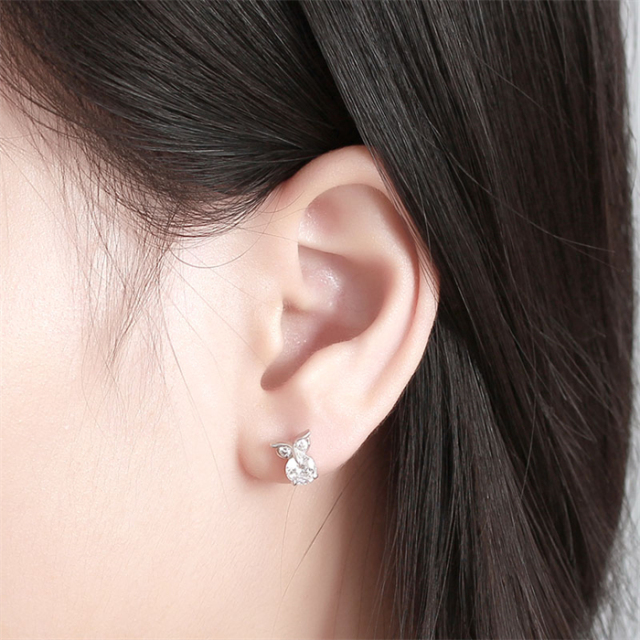 925 Sterling Silver CZ Owl Stud Earrings