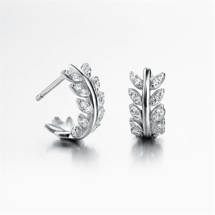 925 Sterling Silver CZ Curved Leaf Stud Earrings