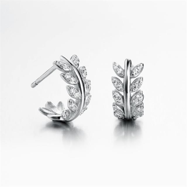 925 Sterling Silver CZ Curved Leaf Stud Earrings