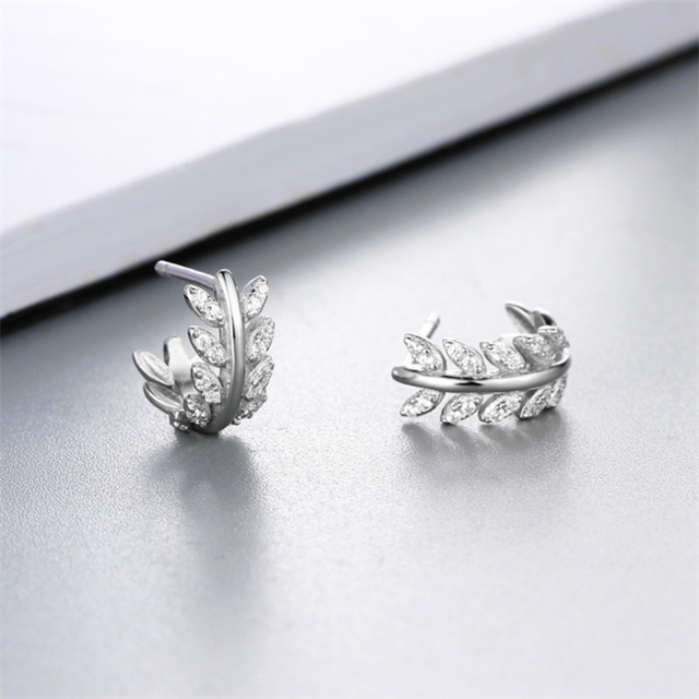925 Sterling Silver CZ Curved Leaf Stud Earrings