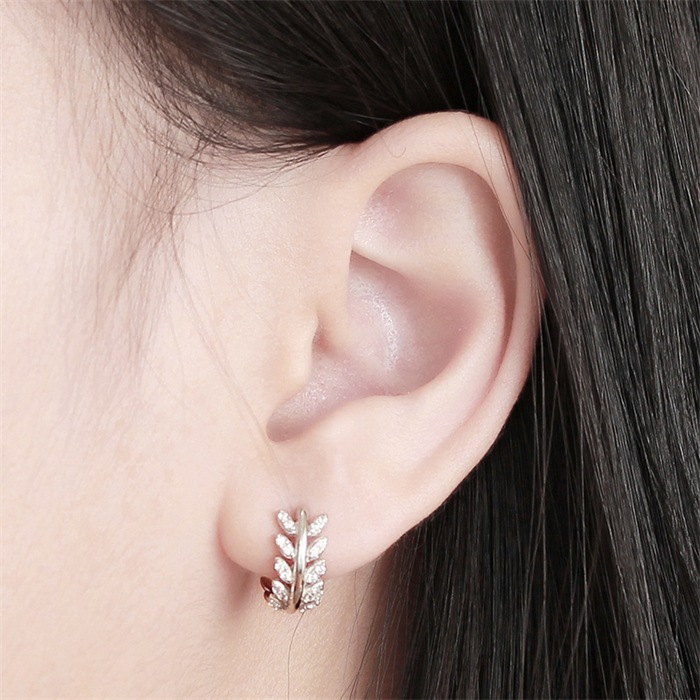 925 Sterling Silver CZ Curved Leaf Stud Earrings