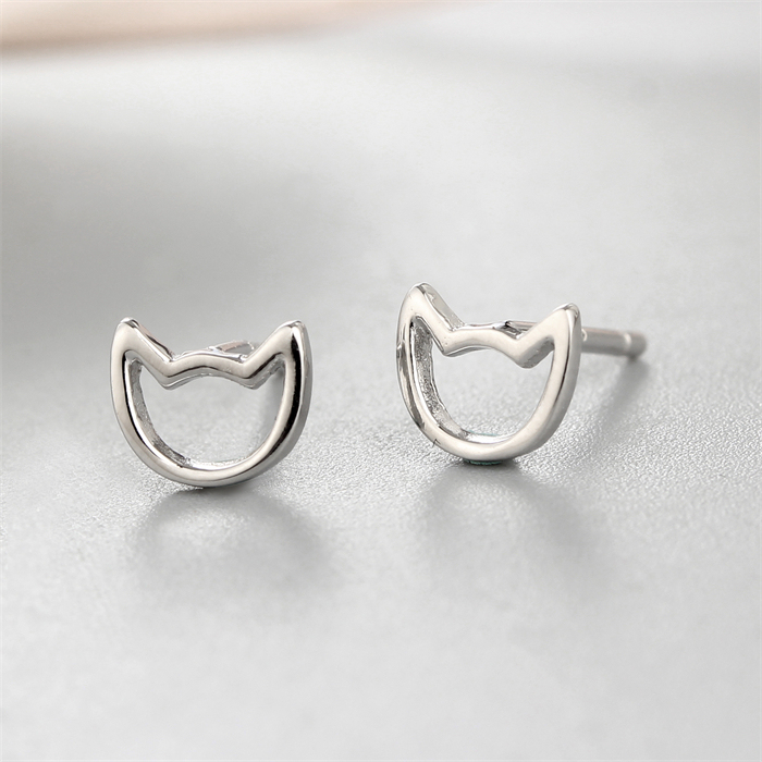 925 Sterling Silver Cute Simple Hollow Cat Stud Earrings