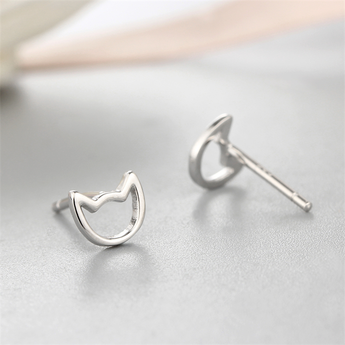 925 Sterling Silver Cute Simple Hollow Cat Stud Earrings