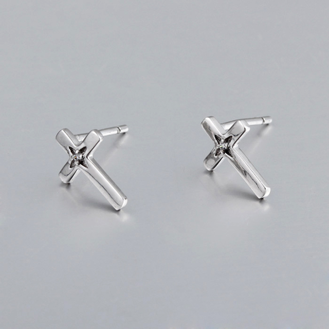 925 Sterling Silver CZ Cross Stud Earrings