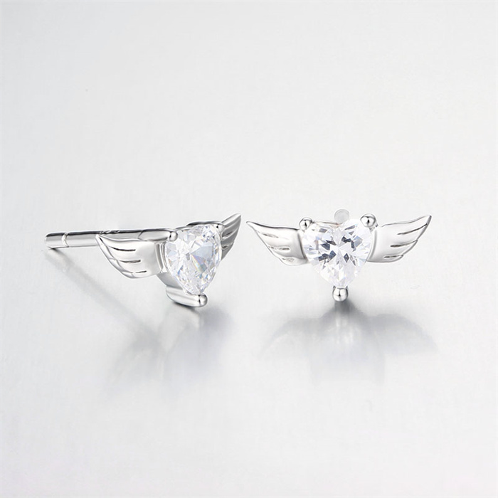 925 Sterling Silver Heart CZ Wings Stud Earrings