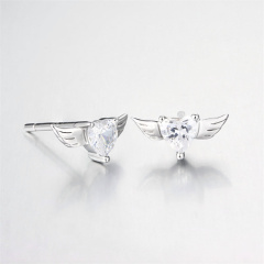 925 Sterling Silver Heart CZ Wings Stud Earrings