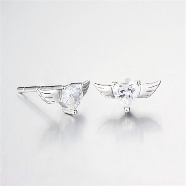 925 Sterling Silver Heart CZ Wings Stud Earrings
