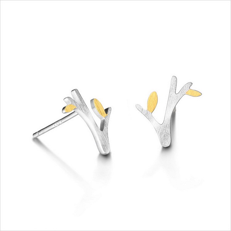 925 Sterling Silver Brushed Two-Tone Tree Stud Earrings