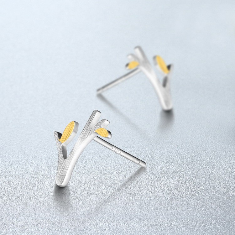 925 Sterling Silver Brushed Two-Tone Tree Stud Earrings