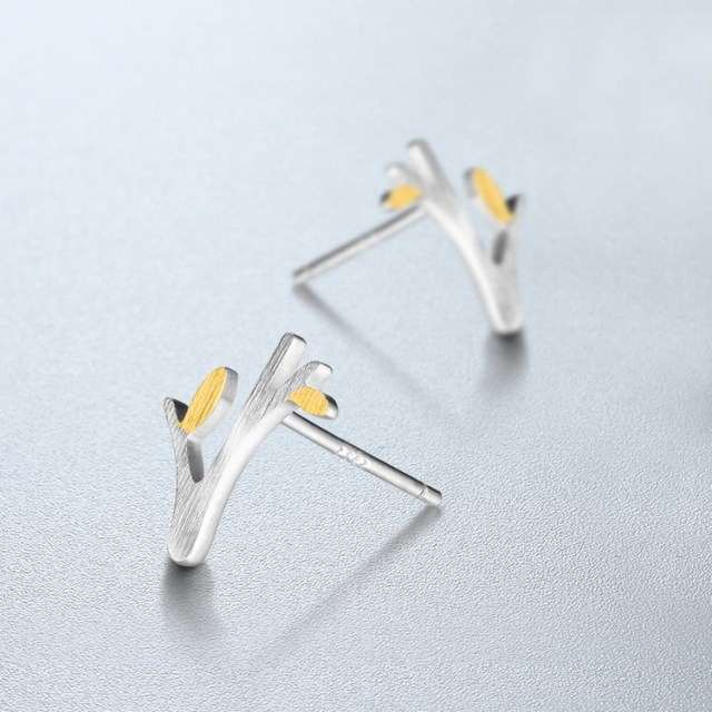 925 Sterling Silver Brushed Two-Tone Tree Stud Earrings