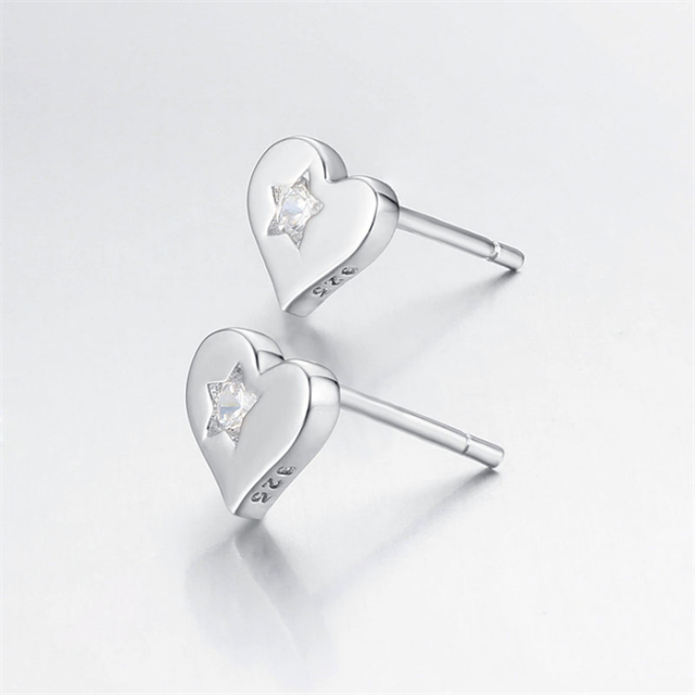 925 Sterling Silver CZ Heart Stud Earrings