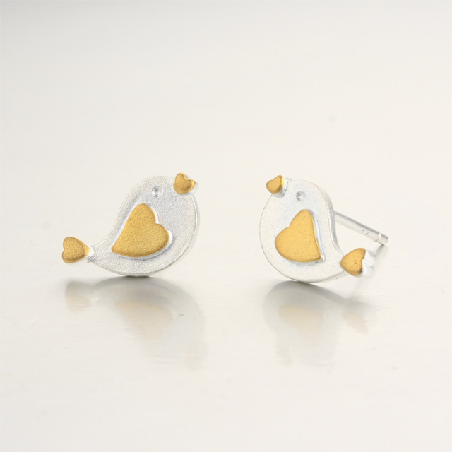 925 Sterling Silver Two-Tone Bird Stud Earrings