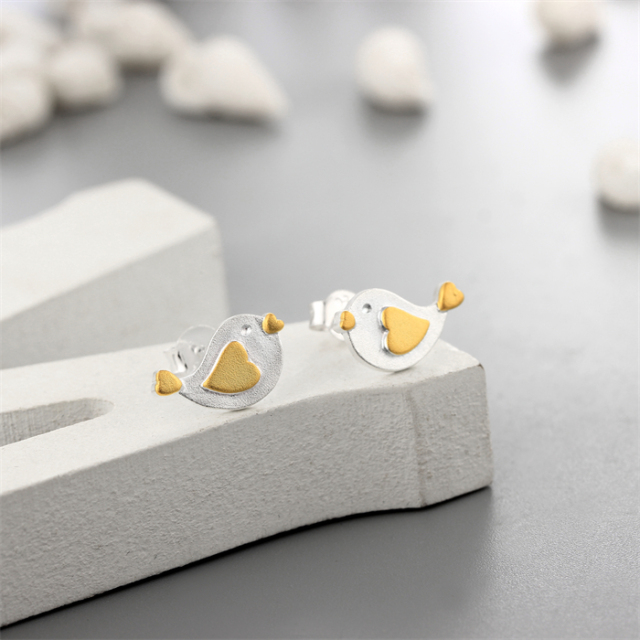 925 Sterling Silver Two-Tone Bird Stud Earrings