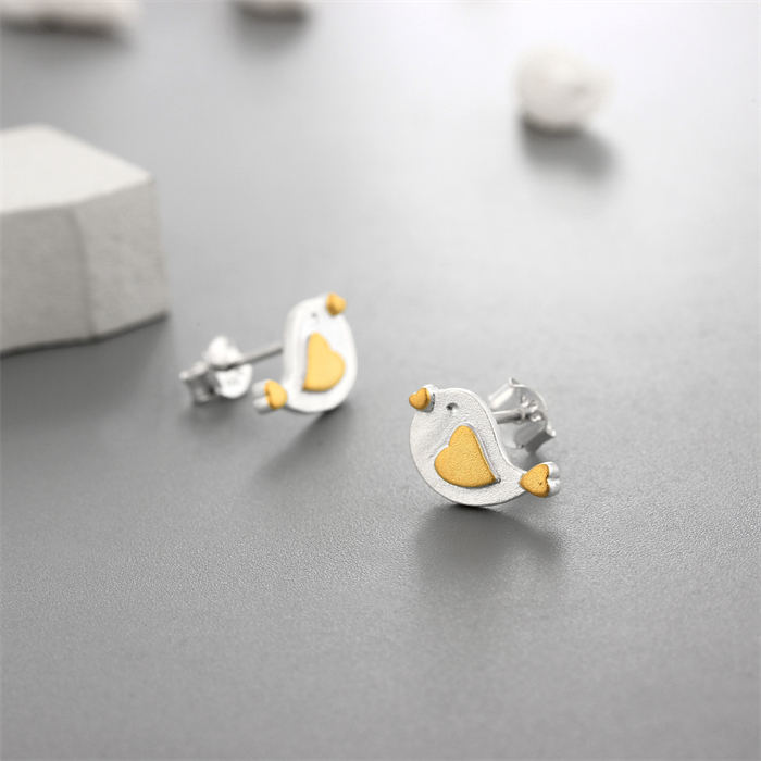 925 Sterling Silver Two-Tone Bird Stud Earrings
