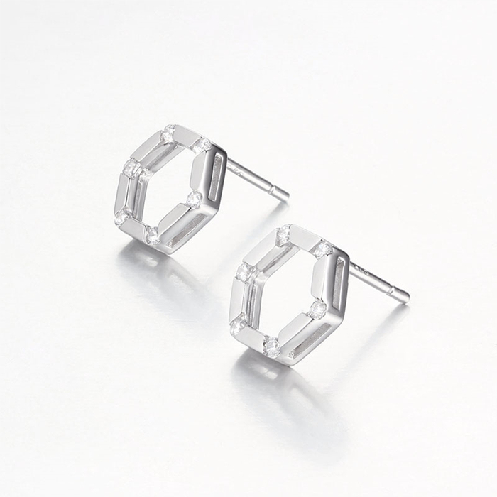 925 Sterling Silver Hexagon Stud Earrings