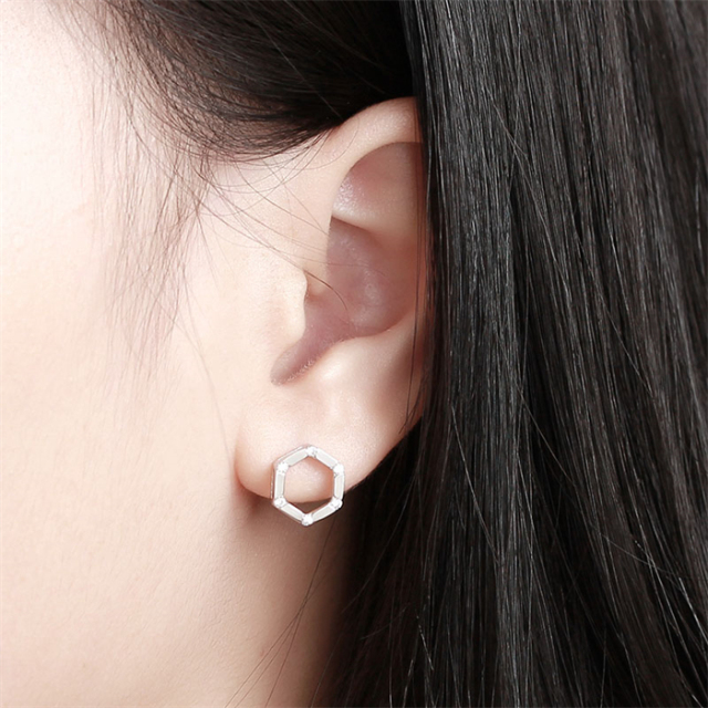 925 Sterling Silver Hexagon Stud Earrings