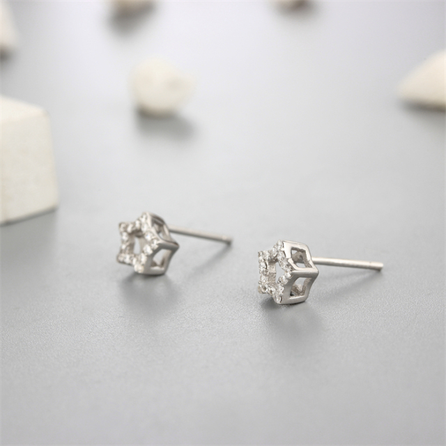 925 Sterling Silver Cubic Zirconia Hollow Star Stud Earrings