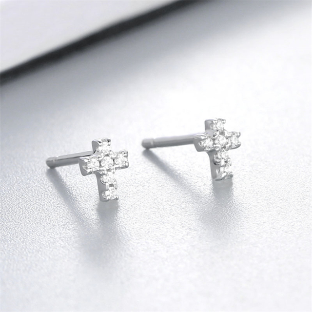925 Sterling Silver CZ Cross Stud Earrings