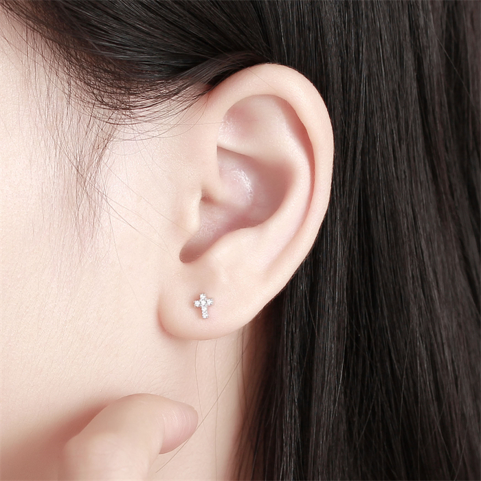 925 Sterling Silver CZ Cross Stud Earrings