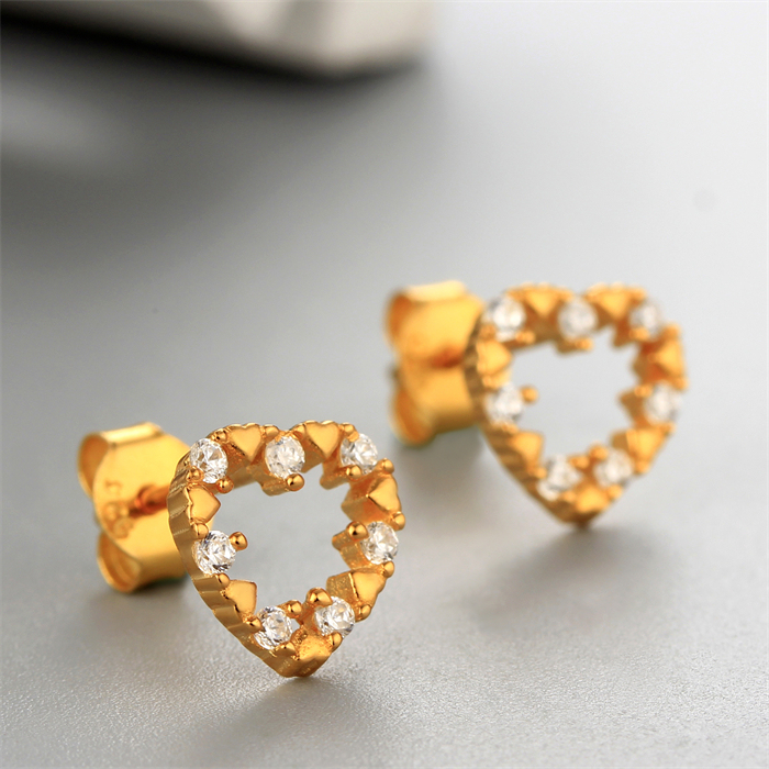 925 Sterling Silver CZ Hollow Heart Stud Earrings