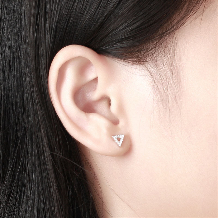 925 Sterling Silver CZ Hollow Triangle Stud Earrings