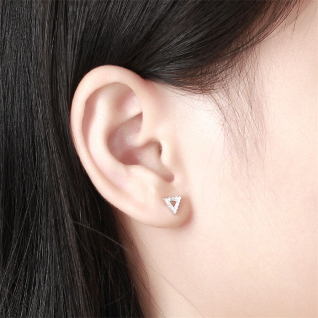 925 Sterling Silver CZ Hollow Triangle Stud Earrings